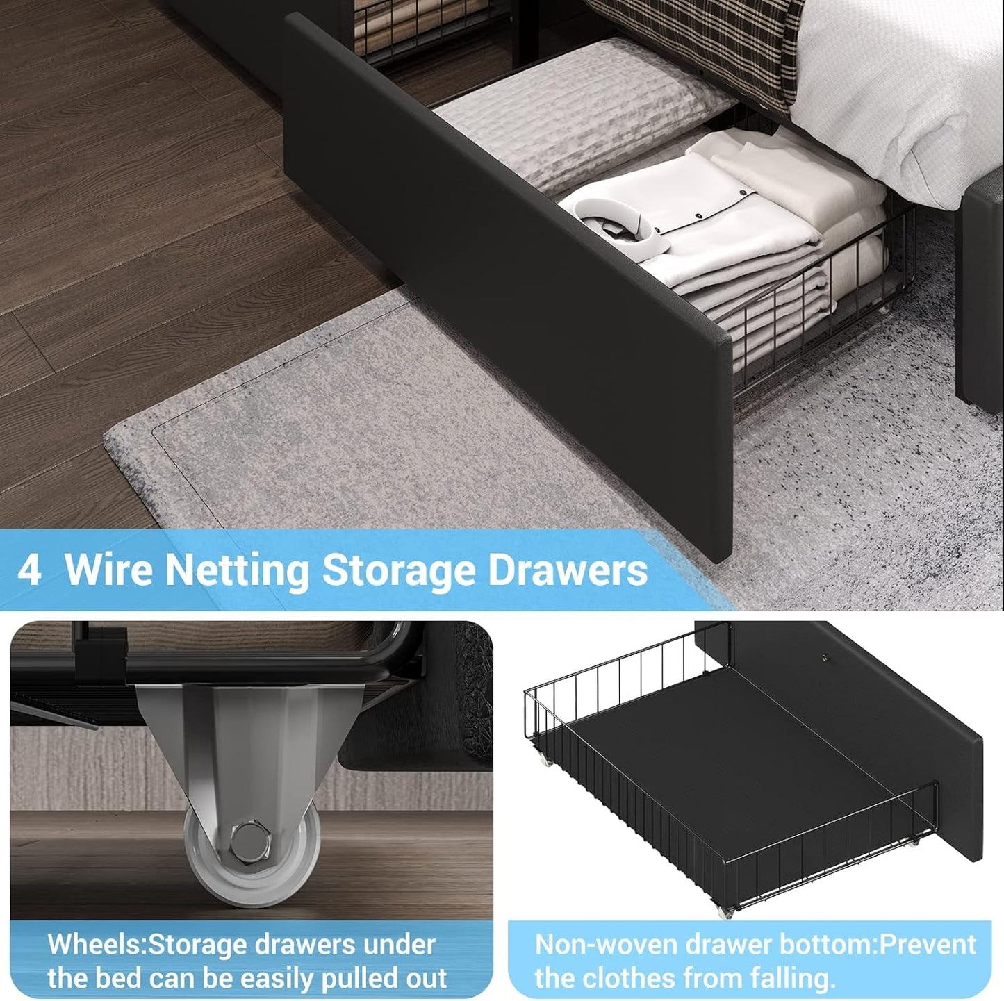 Queen Bed Frame with Headboard and 4 Storage Drawers, Modern Faux Leather Upholstered Platform Bed Frame Queen Size with LED Lights and USB Ports, No Box Spring Needed, Black