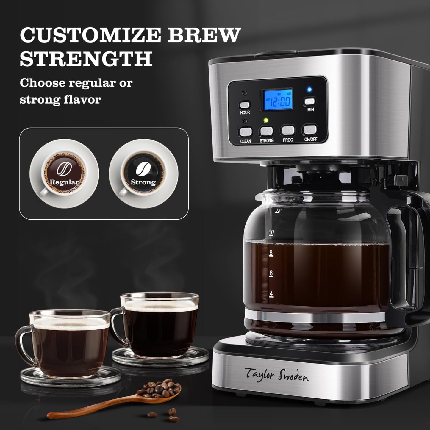 12-Cup Programmable Coffee Maker, Regular & Strong Brew Drip Coffee Machine for Home and Office, Glass Carafe, Pause & Serve, Auto Shut Off, Black & Stainless Steel