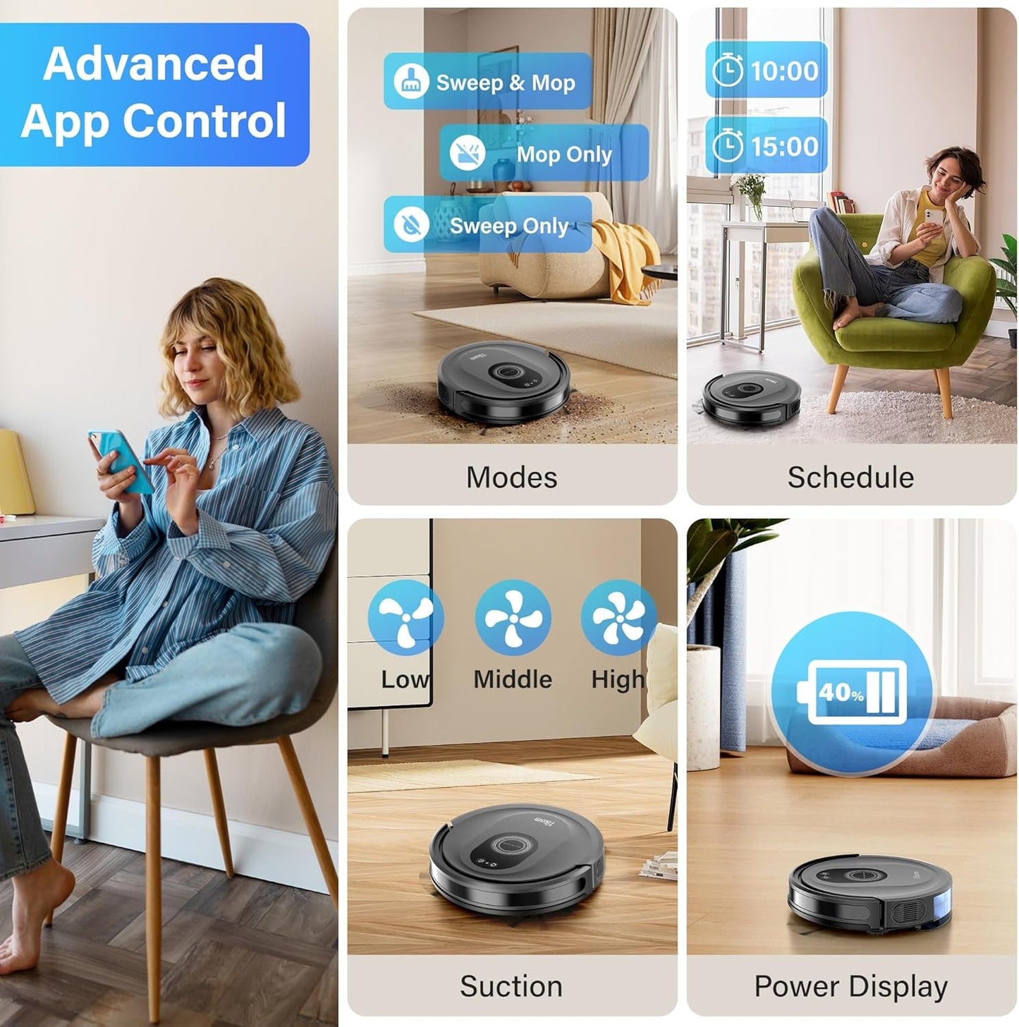 Robot Vacuum and Mop Combo, 5000Pa Robotic Vacuum Cleaner, 150 Min Max, App & Remote Control, Ideal for Hard Floor, Carpet, Pet Hair, Self-Charge(G8000 Max)