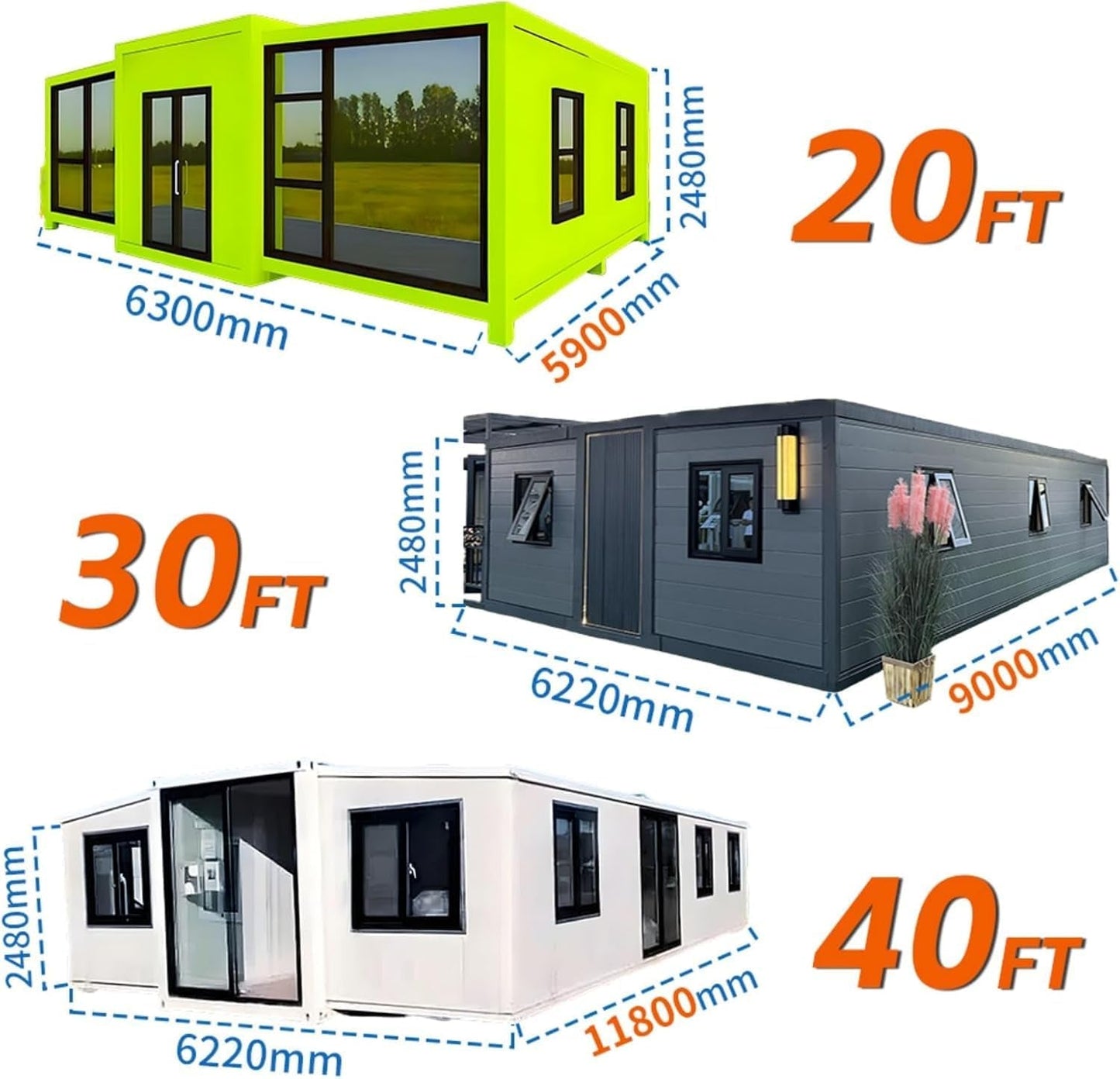 Prefab Tiny Home for Sale, Modern 20Ft &40Ft Expandable Container Tiny House to Live in for Adults Prefabricated Mobile Houses with 2-4 Bedrooms & Full Bathroom Kitchen Modular Home for Guest Homes