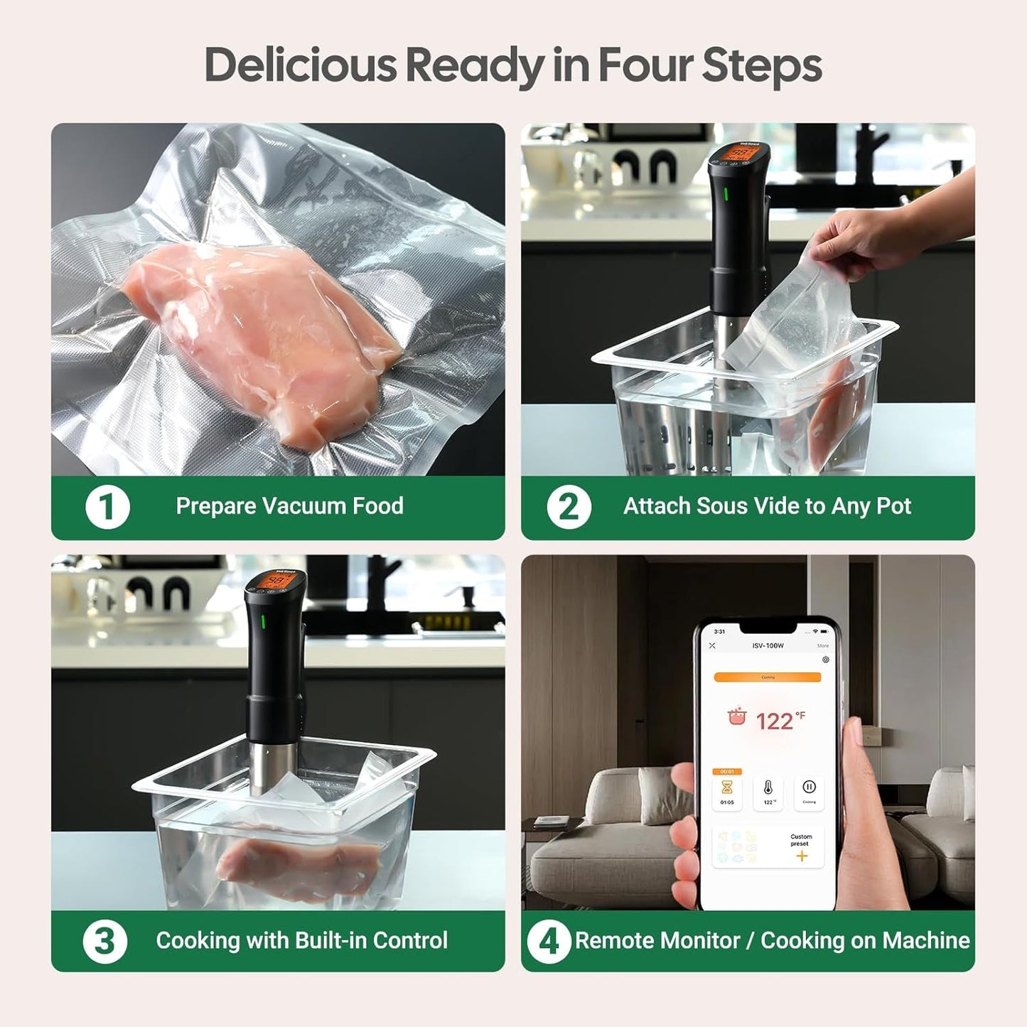 WIFI 2.4G Sous Vide Cooker 1000W Immersion Circulator with APP 14 Recipes,Alarm,Calibration & Timer, 3D Water Fast Heating Ultra-Quiet Sous Vide Machine