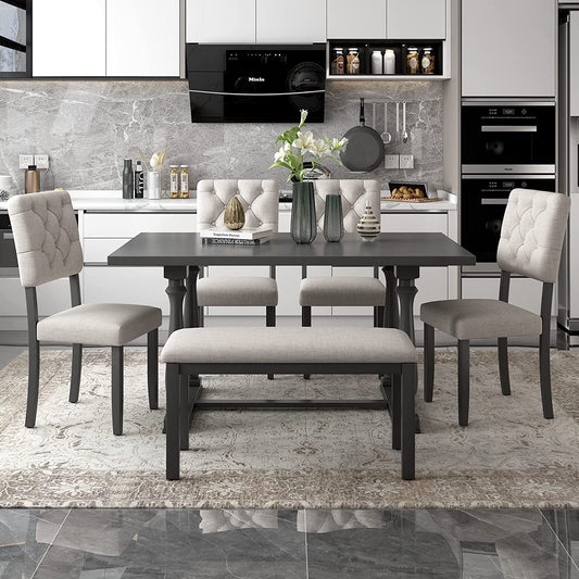 6 Piece Kitchen Dining Table Set, Wooden Rectangular Dining Table with Upholstered Bench and 4 Chairs, Dining Room Table Set for 6 People, Living Room Furniture (Gray, Beige Cushions)