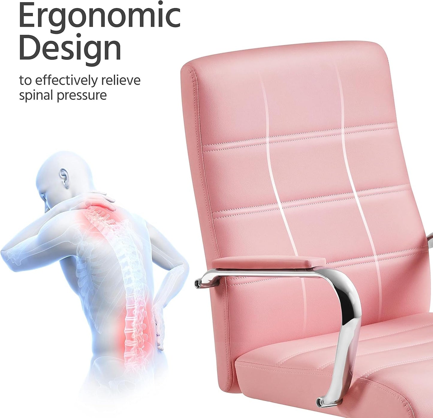 Mid-Back Office Chair with Arms Swivel PU Leather Height Adjustable Office Executive Chair, Pink