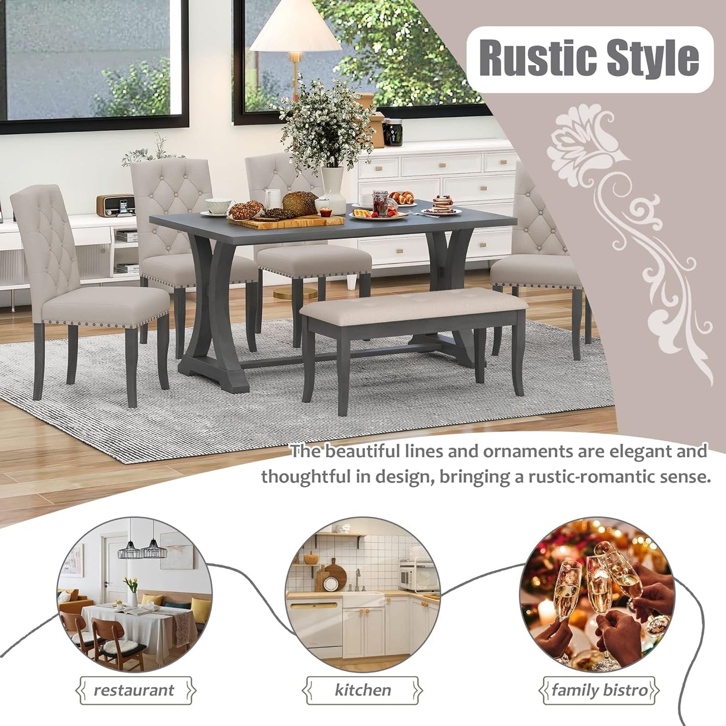 Dining Table Set for 6, Kitchen Table Set with Chairs and Bench, 6 Piece Solid Wood Dining Room Set with Trestle Table Legs for Kitchen, Dining Room (Antique Grey)