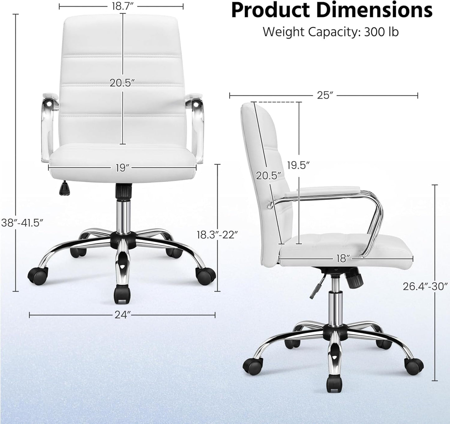 Office Desk Chair Mid-Back Leather Computer Chair Height Adjustable Ergonomic Executive Chair W/Lumbar Support Comfy Thick Padded Armrests and Seat, White