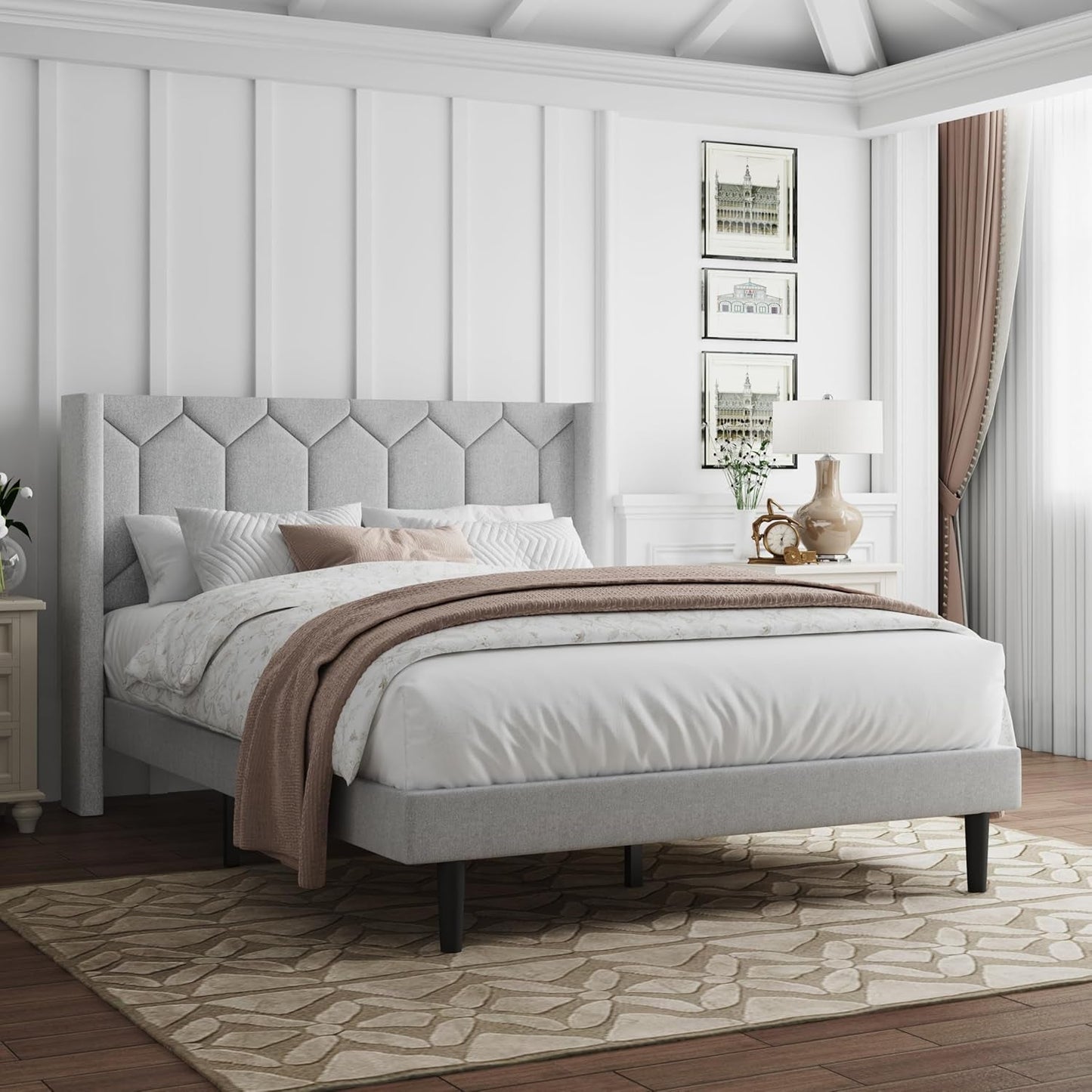 Full Size Bed Frame with Headboard, Linen Upholstered Platform Bed Frame No Box Spring Needed, Full Sized Modern Bedframe with Strong Wooden Slats, Light Gray