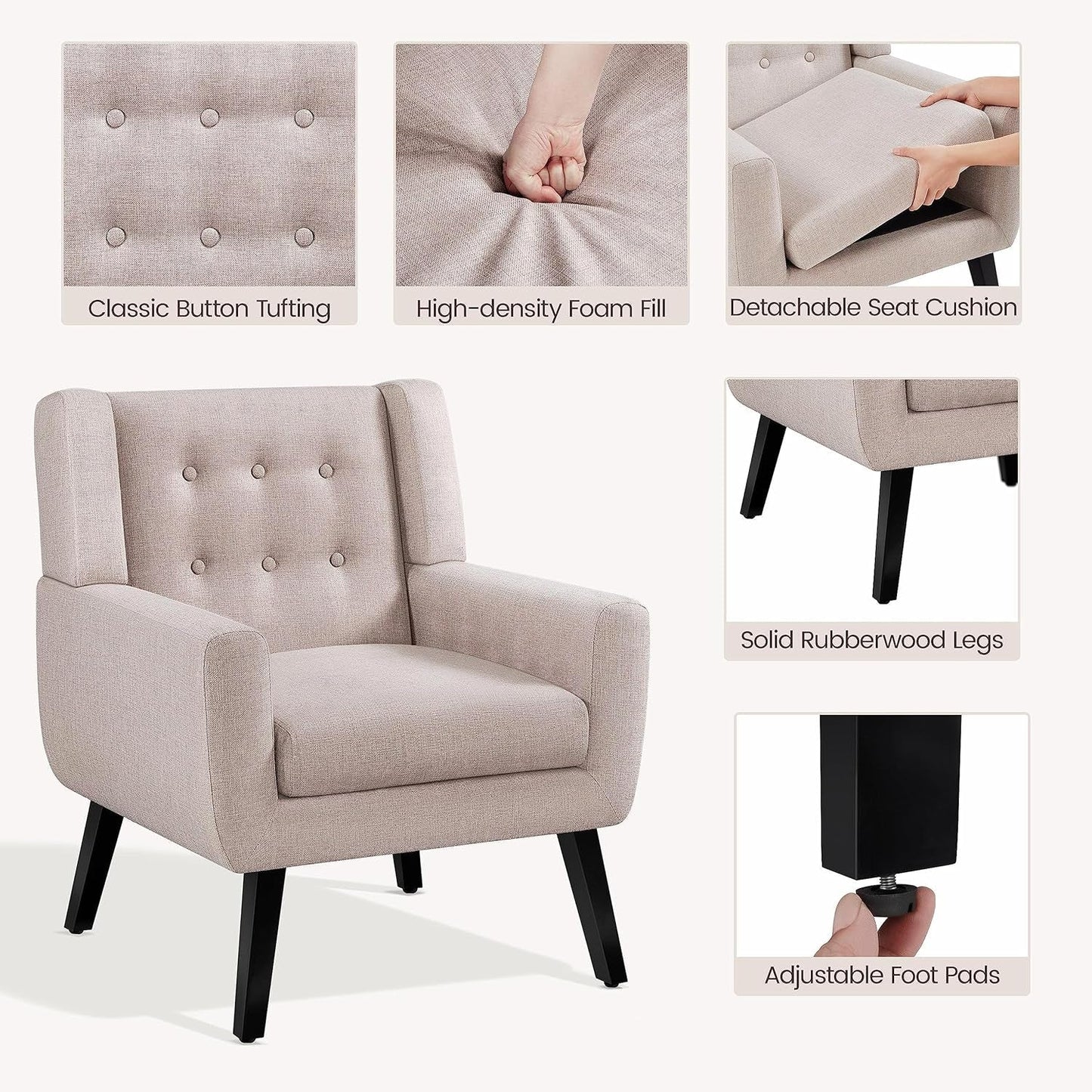 Accent Chairs Set of 2, Living Room Chairs Set, Beige Sofa Chairs, Linen Fabric Reading Chair, Modern Accent Chair for Bedroom Office Reading Nook, Beige