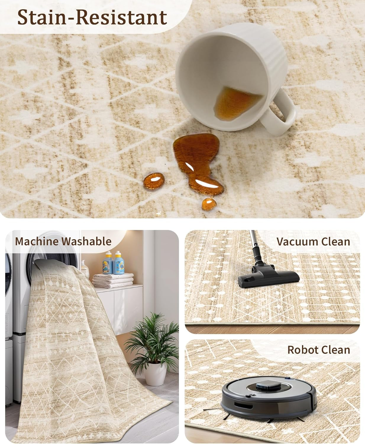 8X10 Area Rug for Living Room Moroccan Washable Rugs Non Slip Indoor Floor Carpet Foldable Large Soft Area Rug for Dining Room Bedroom with Low Pile(Beige,8'X10')