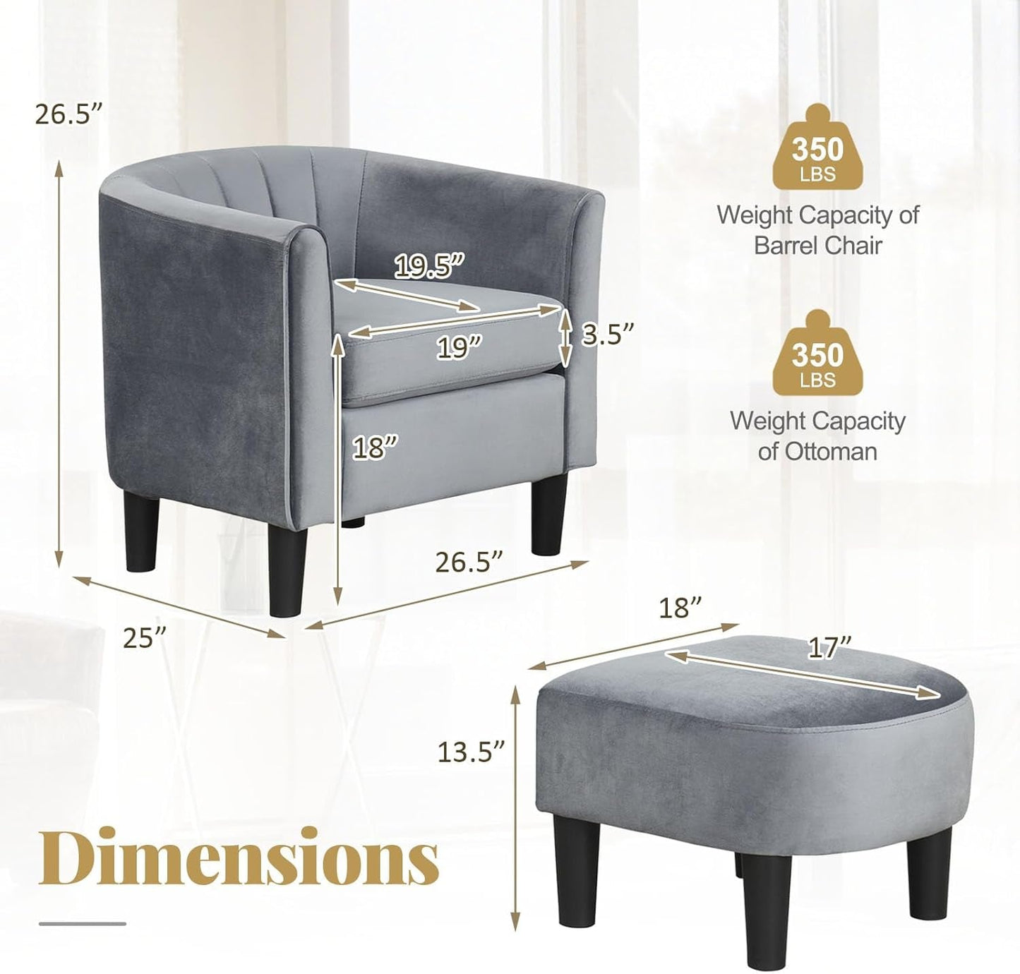 Accent Chair with Ottoman, Upholstered Velvet Club Barrel Reading Chair with Footrest Modern Comfy round Barrel Chairs for Bedroom, Living Room, Small Reading Spaces (1, Grey)