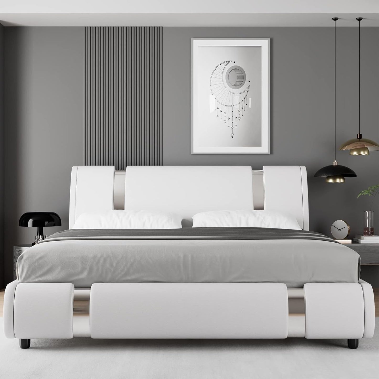 Modern Faux Leather Upholstered Platform Bed Frame with Iron Metal Decor, Adjustable Curved Headboard, Wooden Slats Support, No Box Spring Needed, Queen Size, White