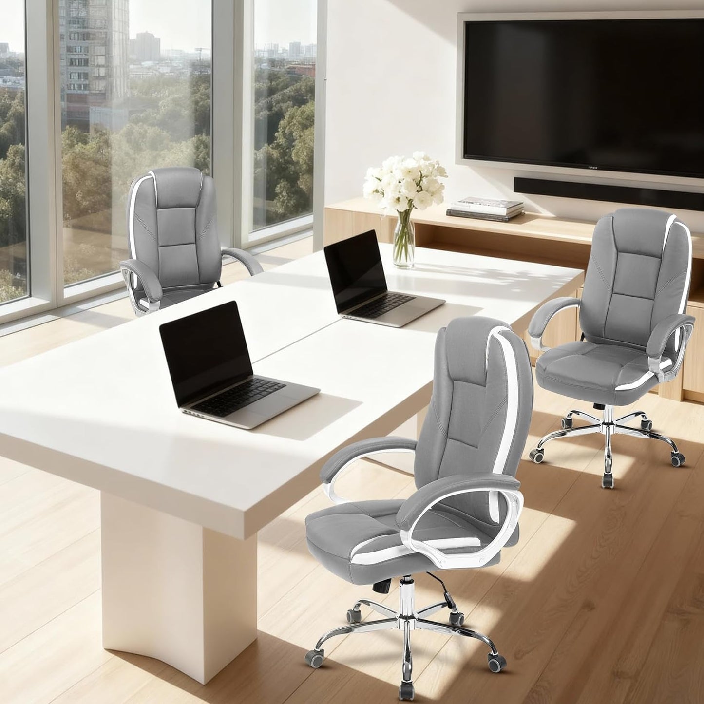 Office Desk Ergonomic Gaming Chair High Back Adjustable Computer Chair with Wheels and Lumbar Support Comfy Leather Executive Swivel (Grey)