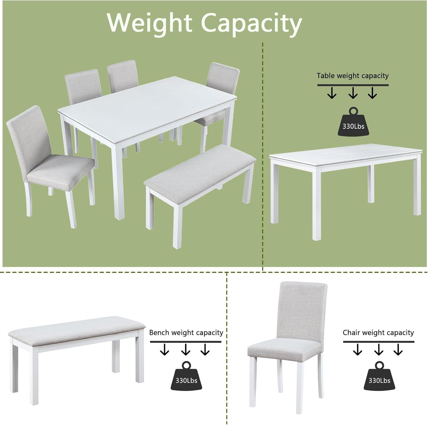 6 Piece Solid Wood Dining Set, Farmhouse Kitchen Table Set with 4 Upholstered Chairs & Bench for Kitchen, Dining Room, White