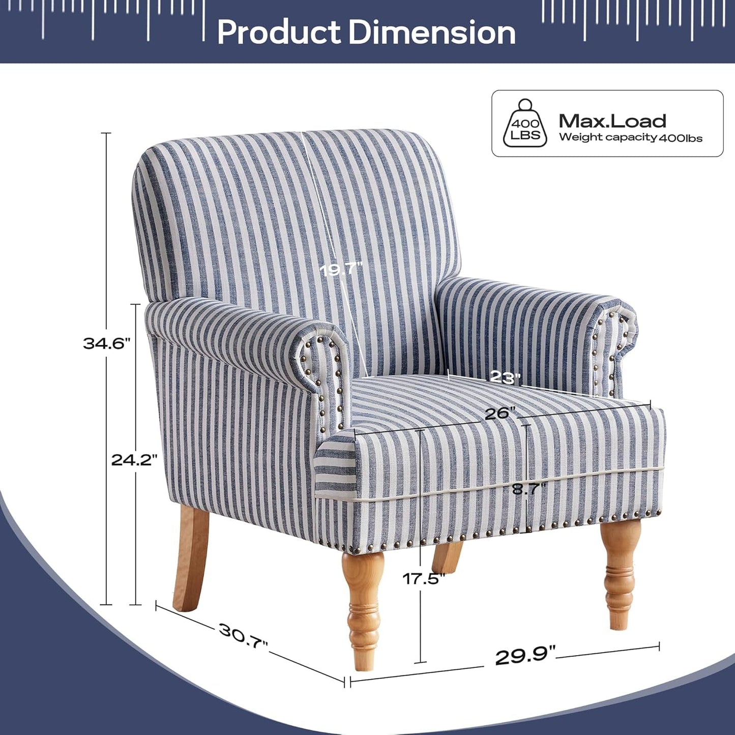 Linen Fabric Accent Chair, Mid-Century Modern Armchair with Solid Wood Legs, Single Sofa Chair,Upholstered Reading Club Chair (1, Dark Blue and White Stripe)