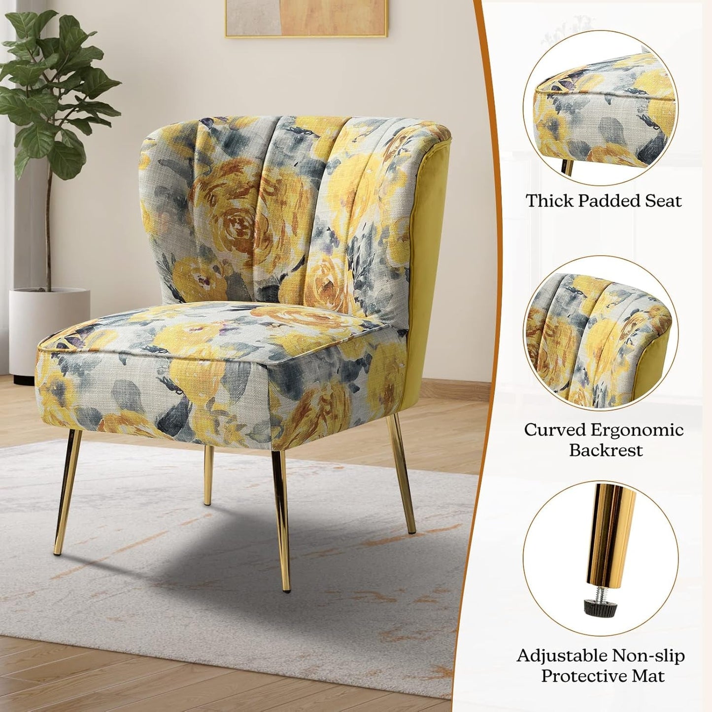Accent Chair Set of 2 with Golden Legs, Comfy Floral Fabric Living Room Chair, Wingback Small Armless Side Chair, Upholstered Slipper Chair for Bedroom, Reading Room (Flower Print, YELLOW)