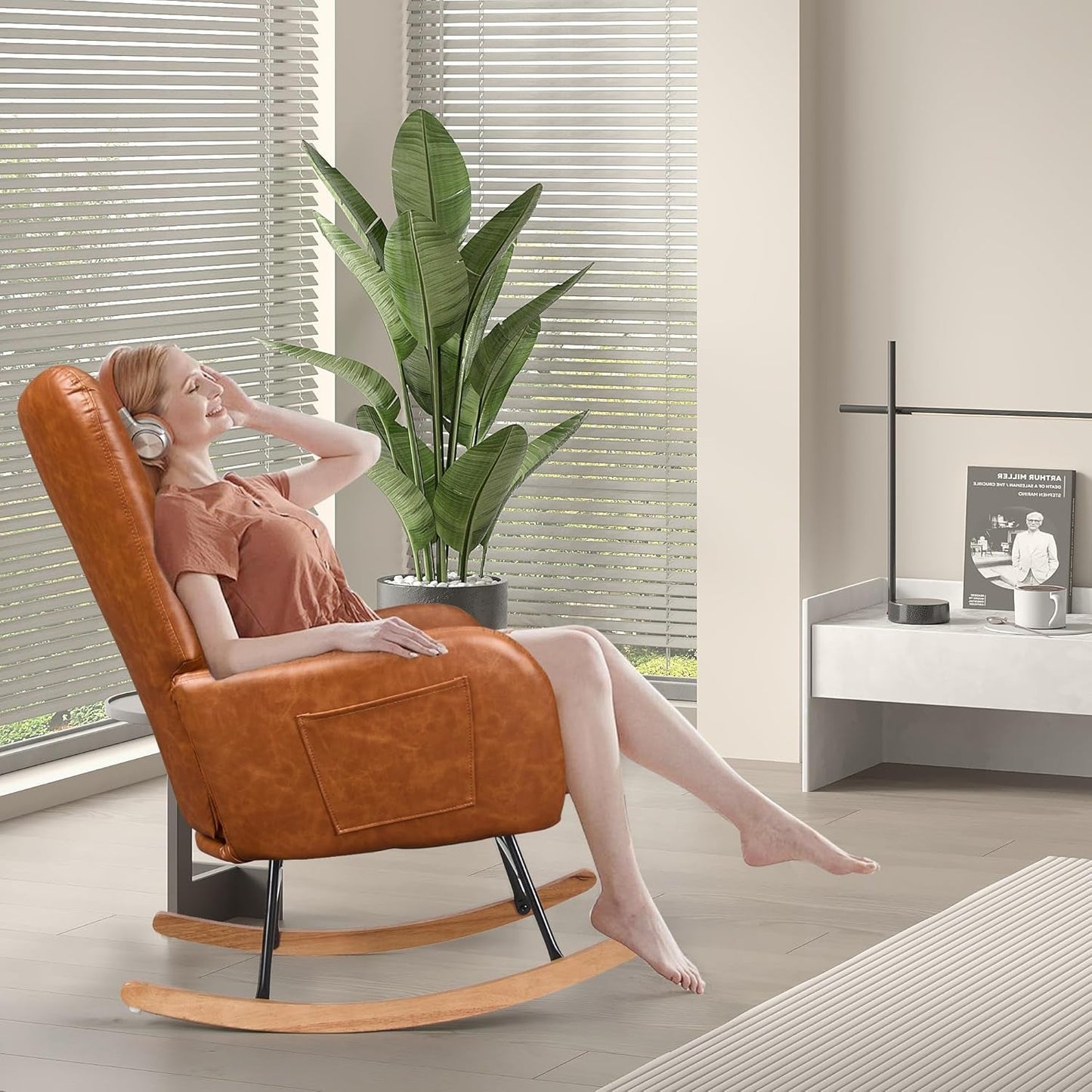 Rocking Chair Nursery with Thick Headrest, Modern PU Upholstered Reading Glider Rocker Accent Armchair with High Backrest, Padded Seat, Side Pocket, for Livingroom, Bedroom, Baby Room, Brown