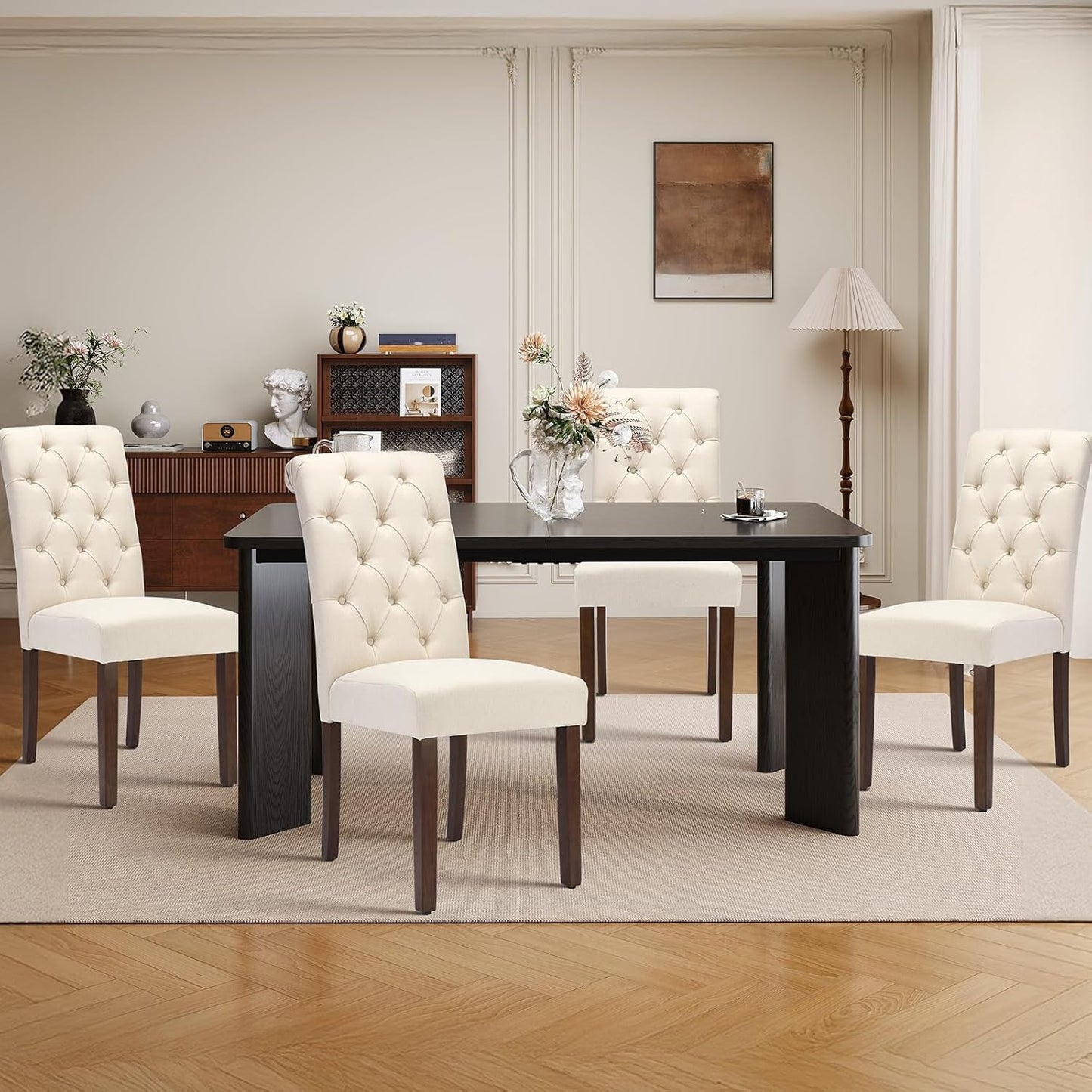 7-Piece Rectangular Dining Table Set for 6, 63" Industrial Kitchen Table with 6 Tufted Parsons Dinner Chairs for Dining Room, Kitchen, Living Room, Black+Beige
