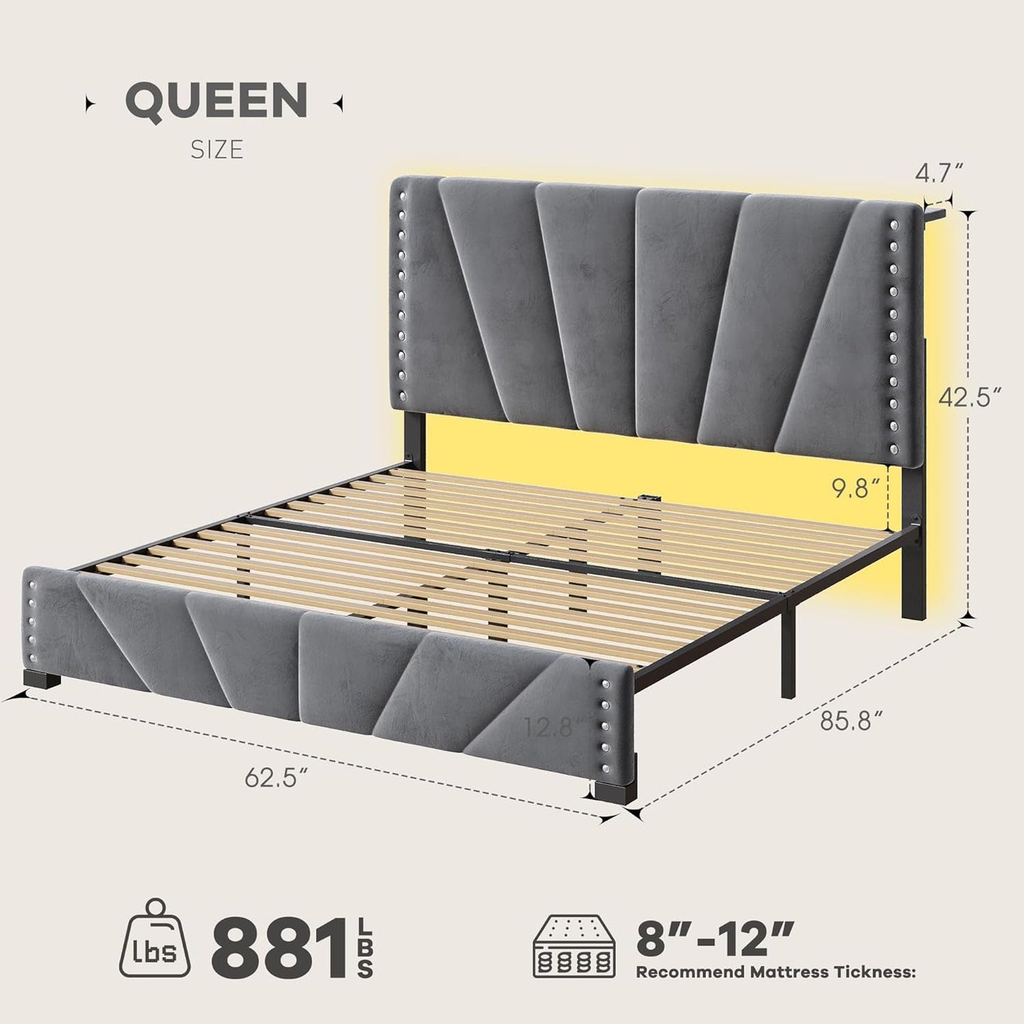 Queen Bed Frame, Velvet Bed Frame with Headboard and Led Light, Platform Bed Frame for Bedroom Apartment, Dorm, Noise-Free, Easy Assembly, Dark Gray
