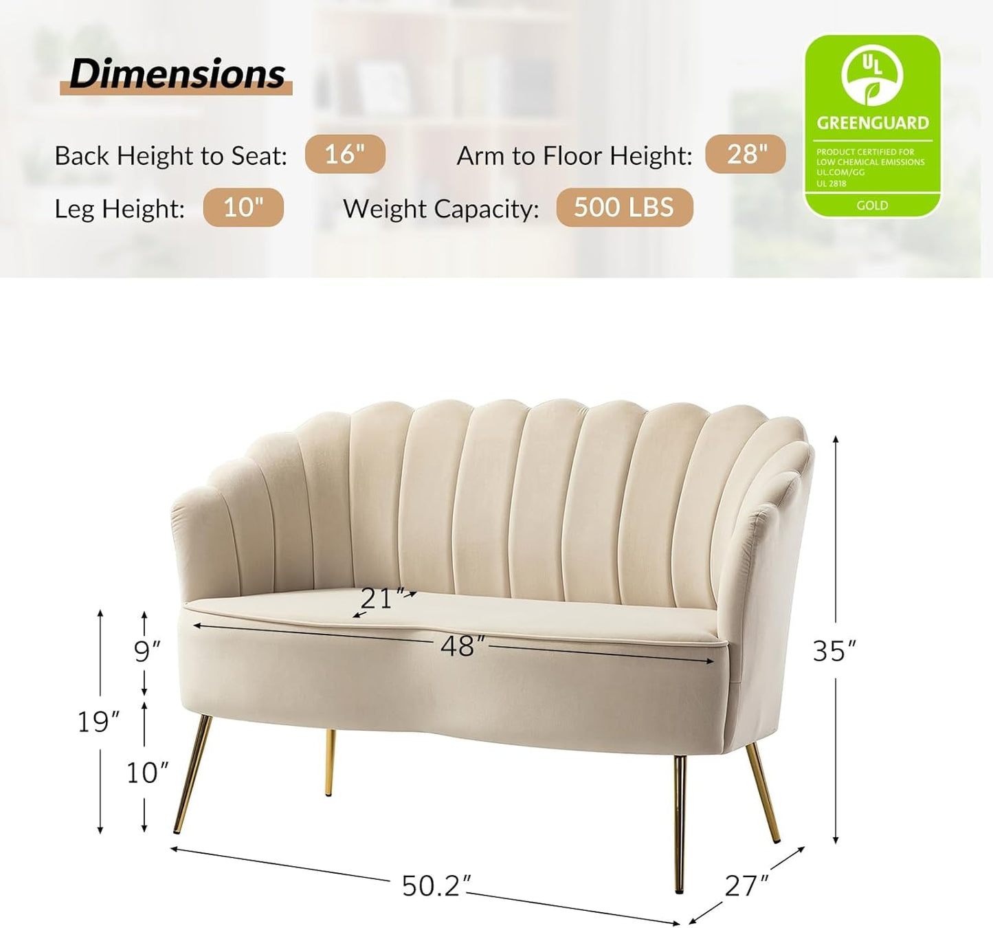 Modern Velvet Loveseat Sofa with Flower Shaped Back, Comfy Upholstered 2-Seater Sofa with Gold Metal Legs, Small Love Seat Accent Couch for Living Bedroom Leisure Areas, Tan