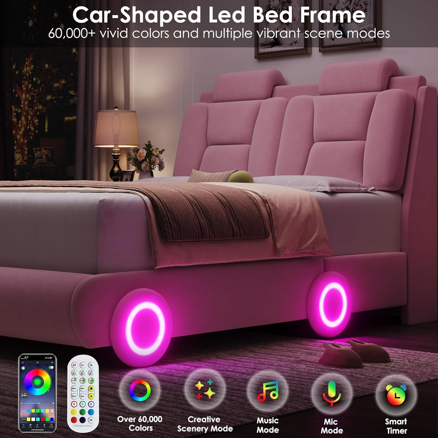 Queen Led Car Bed Frame with Wheels Decor & Adjustable Curved Headboard Modern Upholstered Platform Bed with Detachable Pillows Solid Wooden Slats Support No Box Spring Needed, Velvet Pink