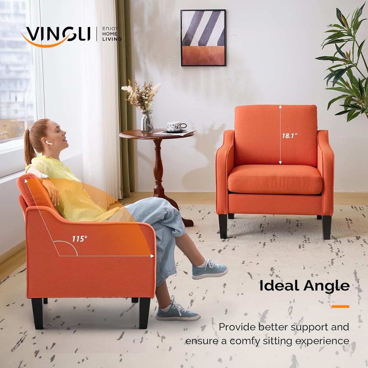 Burnt Orange Mid Century Modern Accent Chair for Living Room & Bedroom, Scooped Arm, Upholstered Comfy Chair for Apartment, Waiting Room