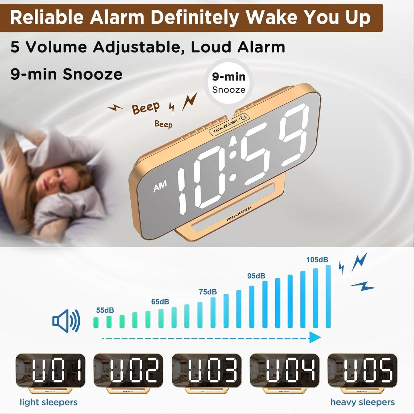 Slim Digital Mirror Aesthetic Alarm Clock for Bedrooms Desk Decor - Plug in Electric Big LED Modern Small Clock for Office Living Room, Battery Backup, 6 Dimmers (Gold)