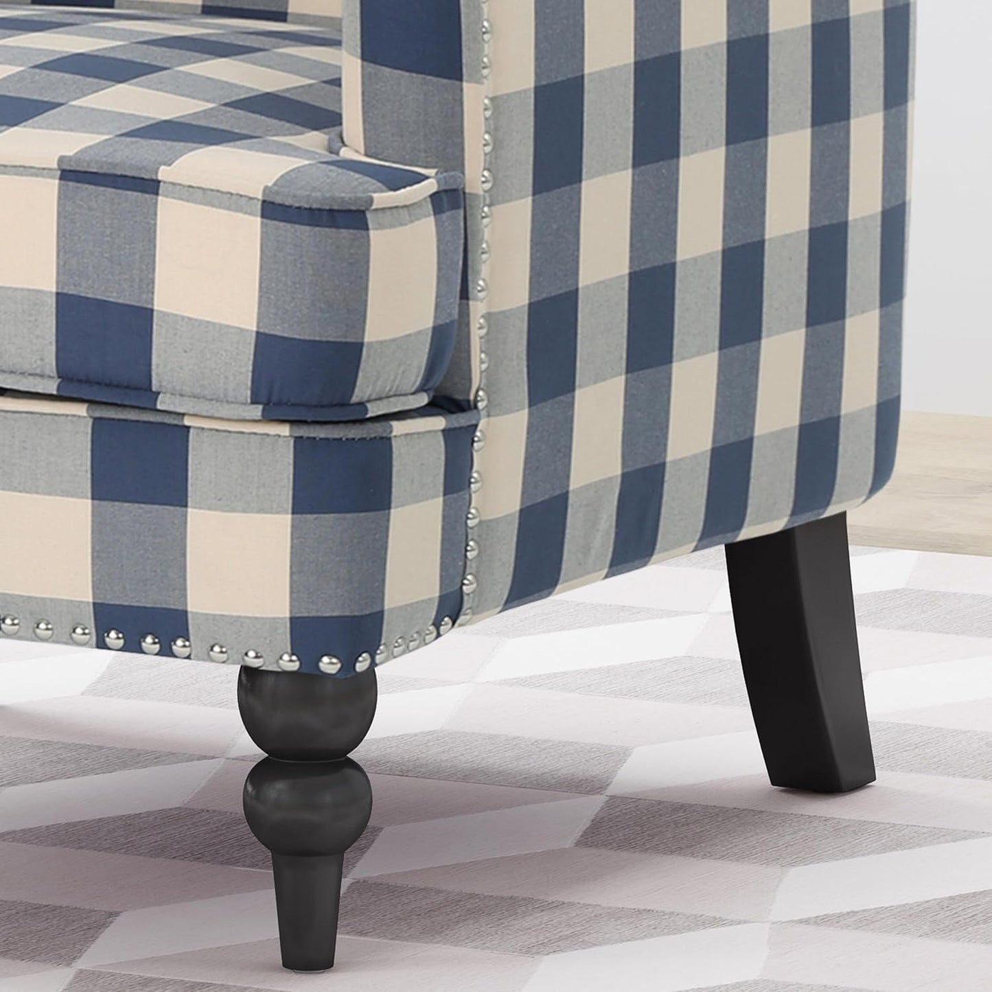 Eve Modern Upholstered Club Chair, Wooden Living Room Accent Chair, Comfy Bedroom Reading Chair, Multifunctional Armchair, Blue Checkerboard