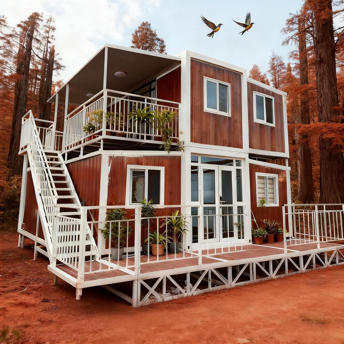 20Ft Customizable 2-Story Prefab Tiny Home, Expandable Folding Container House with 3-5 Bedrooms, Living Room, Kitchen & Full Bathroom, Luxury Tiny House with Terrace for Adults and Family Homes