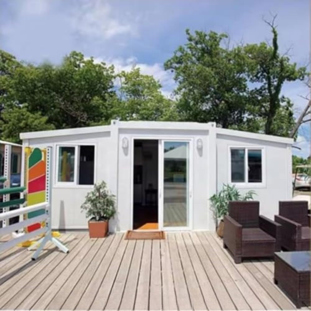 19X20Ft Prefab Tiny Home for Sale Modern Design Foldable Tiny House Prefab 2 Bedroom Modular Container House with Full Equiped Bathroom & Kitchen Boxable Expandable Folding House to Live in for Adult