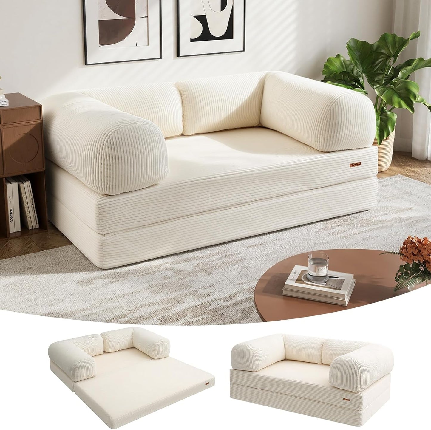 4‑In‑1 Futon Sofa Bed Queen – Floor Foldable Convertible Sofa Couch with L‑Shaped Armrests, Removable Cover, Convertible Guest Bed | Space‑Saving Fold‑Out Mattress Lounge for Living Room, Beige