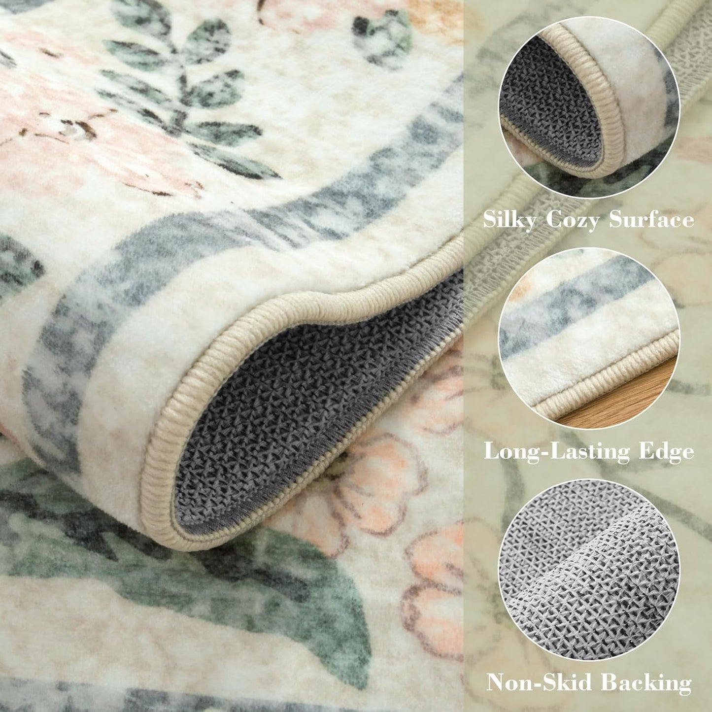 Boho Washable Rug 8X10, Large Area Rug for Living Room, Soft Floral Carpet for Bedroom Non Slip, 8 X 10 Indoor Beige Carpets for Nursery Dining Room Apartment Office Decor