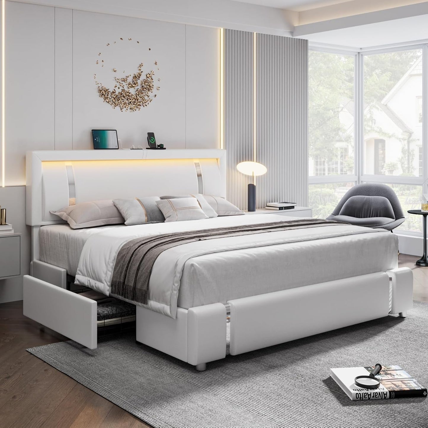 Queen Bed Frame with RGB LED Lights Headboard & 2 Storage Drawers, Modern Upholstered Faux Leather Smart Platform Iron Metal Decor, USB USB-C Charging Ports, No Box Spring Needed, White