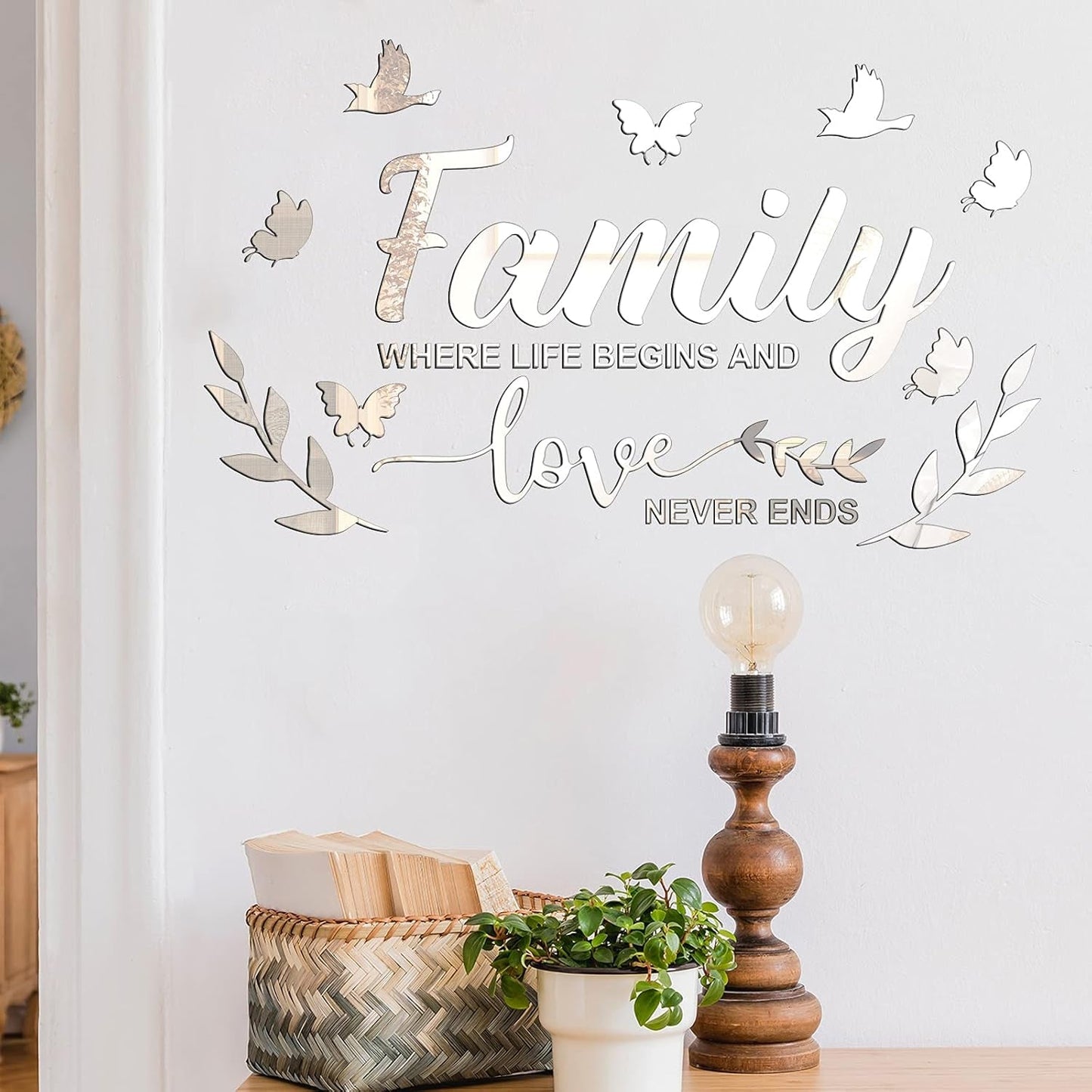 Mirror Family Wall Letter Quotes Decor 3D Acrylic Wall Decal Stickers DIY Removable Art Decals Motivational Butterfly Mural Stickers for Home Decor(Silver)