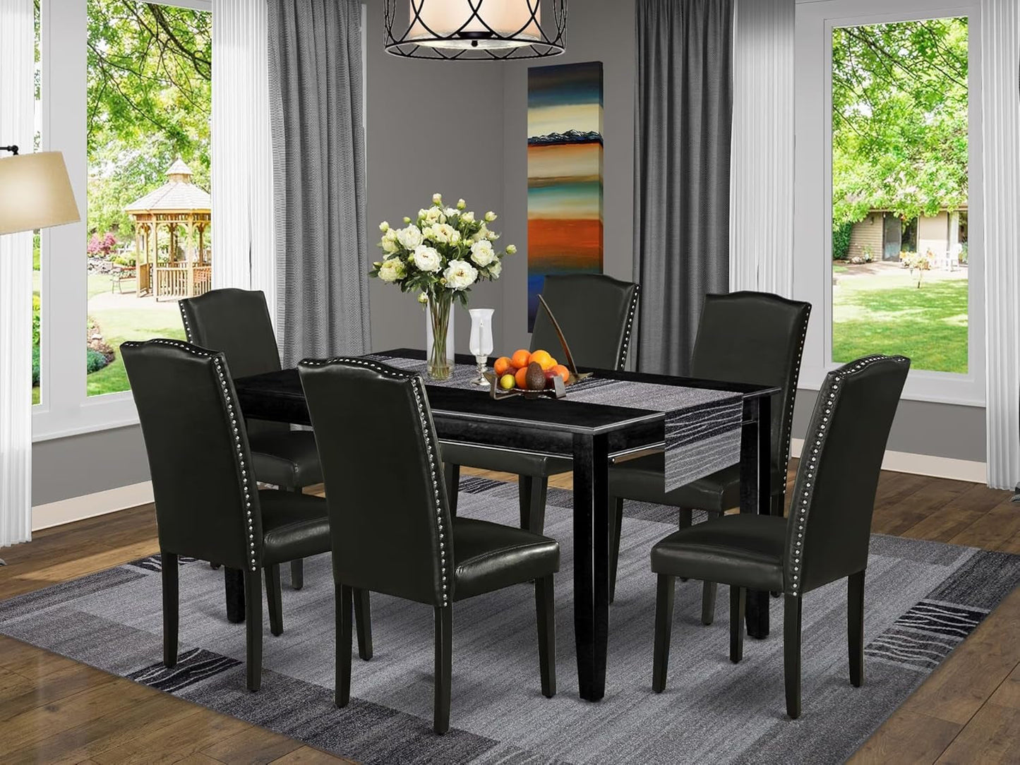 DUEN7-BLK-69 7 Piece Dining Table Set Consist of a Rectangle Kitchen Table and 6 Black Faux Leather Parson Dining Chairs, 36X60 Inch, Black