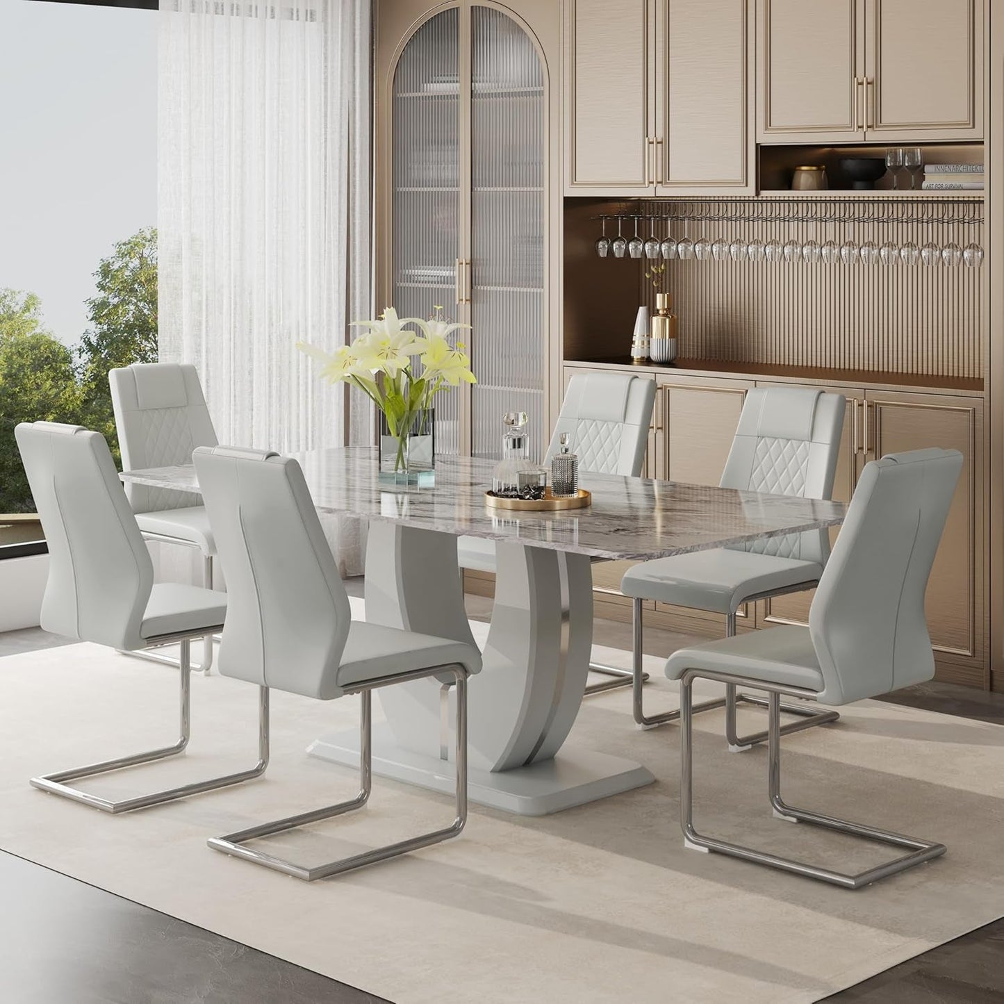 71" Faux Marble Dining Table Set for 6, Modern Grey Dining Room Table Set with Tempered Glass Top and Sturdy Base, Rectangle Kitchen Table and Upholstered Chairs Set for Home
