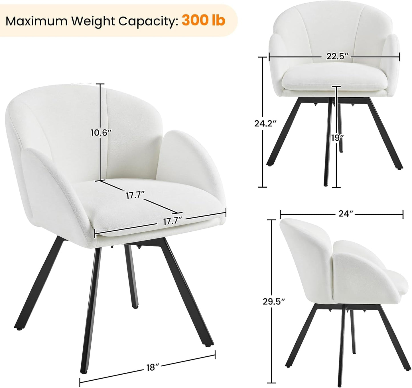 Swivel Accent Chair, Flower Chenille Armchair, Vanity Chair Side Chair with 360-Degree Swivel Base and Seat Cushion for Living Room/Bedroom/Home Office/Makeup, White