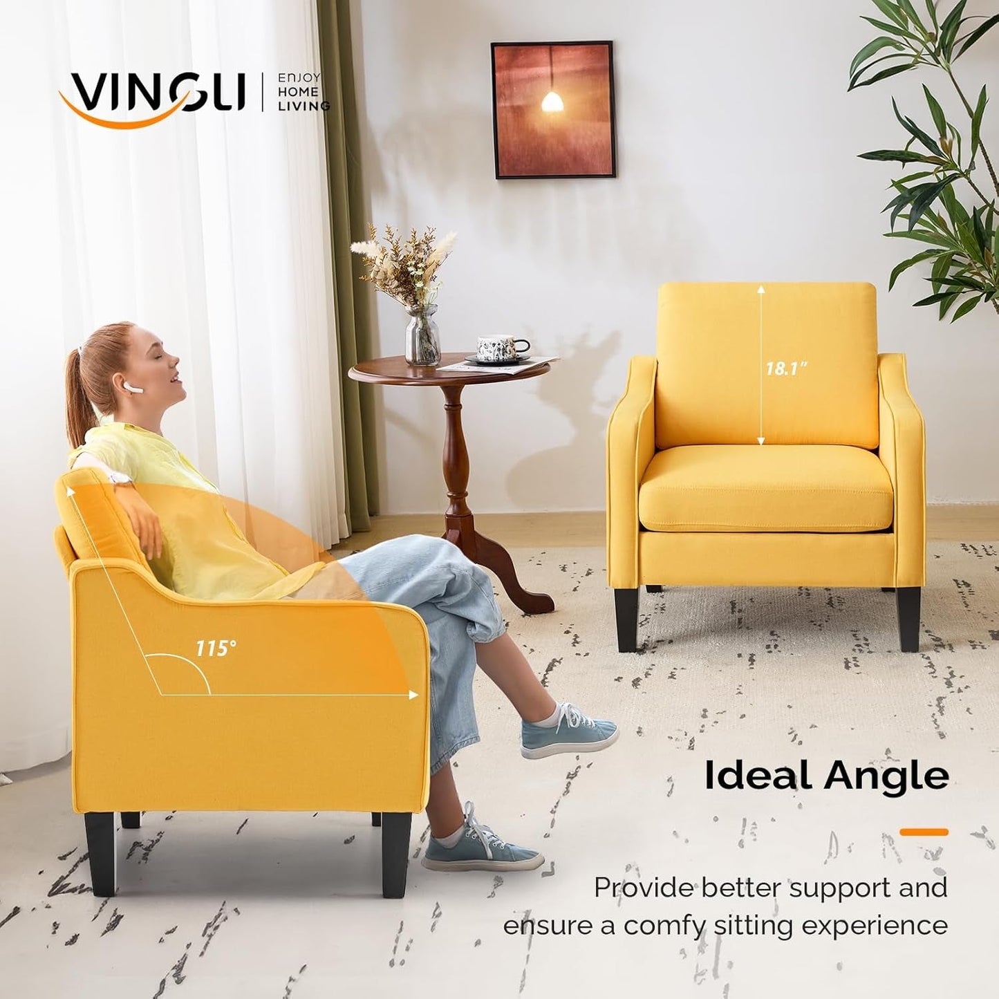 Accent Chairs Set of 2 Yellow Upholstered Linen Accent Chair for Living Room, Bedroom, Mid-Century Modern Arm Chair Comfy Reading Chair with Scooped Arms