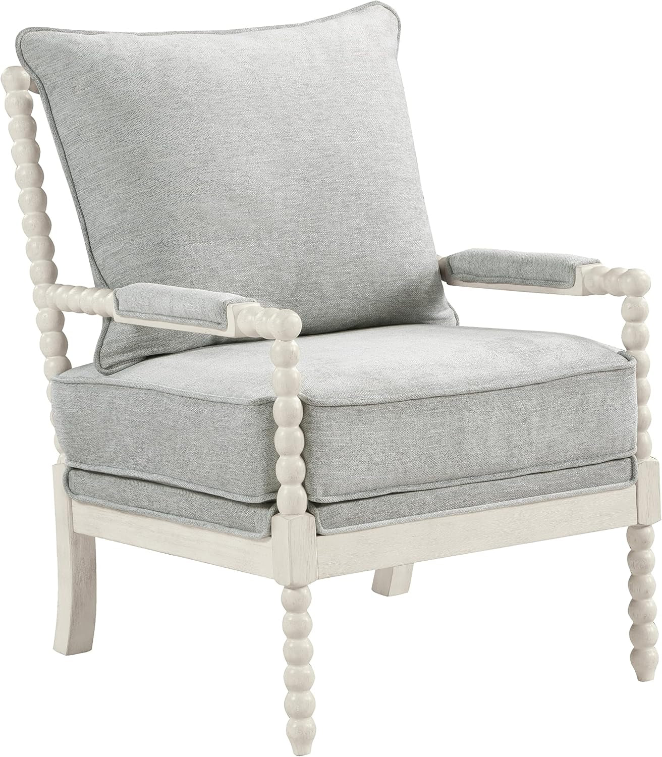 Kaylee Spindle Accent Chair with Antique White Wood Frame, Smoke Grey Fabric