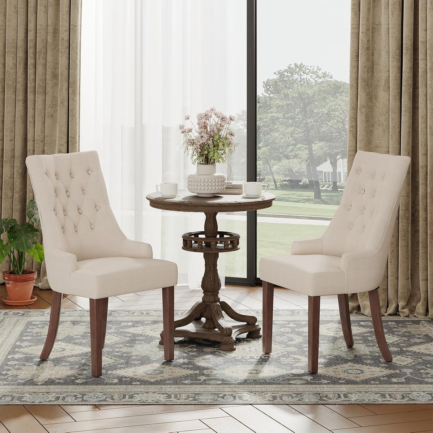Fabric Side Dining Chairs Set of 6, Wingback Upholstered Dining Room Chairs with Tufted Button, Living Room Chairs for Home Kitchen, Beige