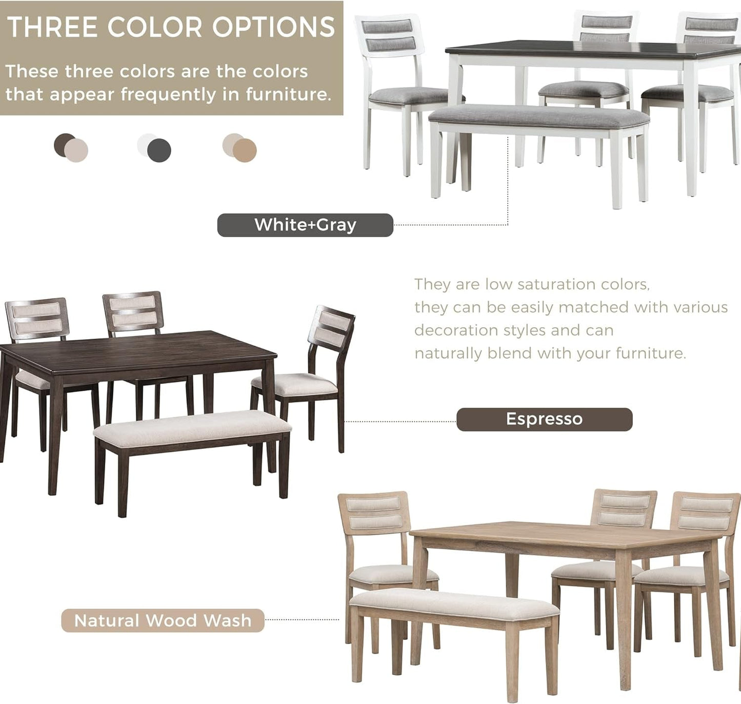 6-Piece 60" Wooden Dining Table Set with 4 Upholstered Chairs and 1 Bench,Classic and Traditional Style,Natural Wood Wash