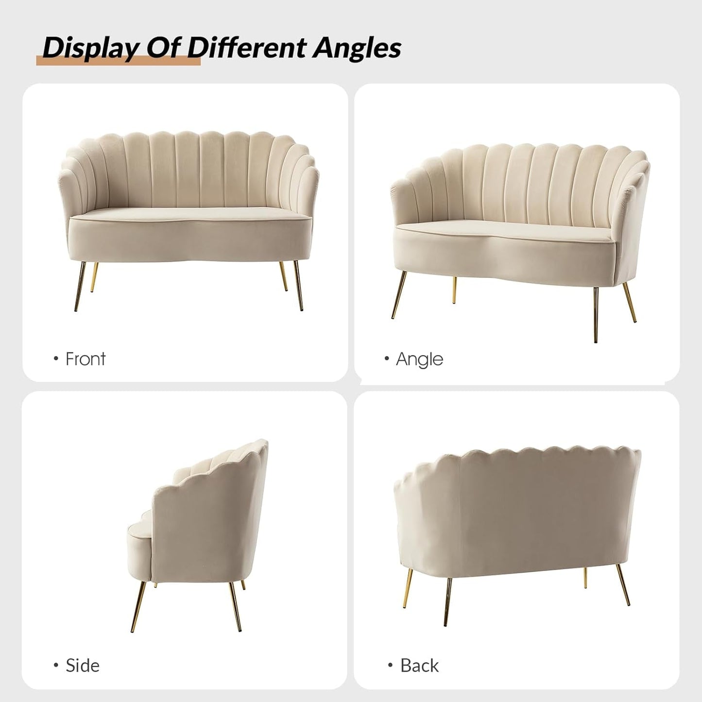 Modern Velvet Loveseat Sofa with Flower Shaped Back, Comfy Upholstered 2-Seater Sofa with Gold Metal Legs, Small Love Seat Accent Couch for Living Bedroom Leisure Areas, Tan