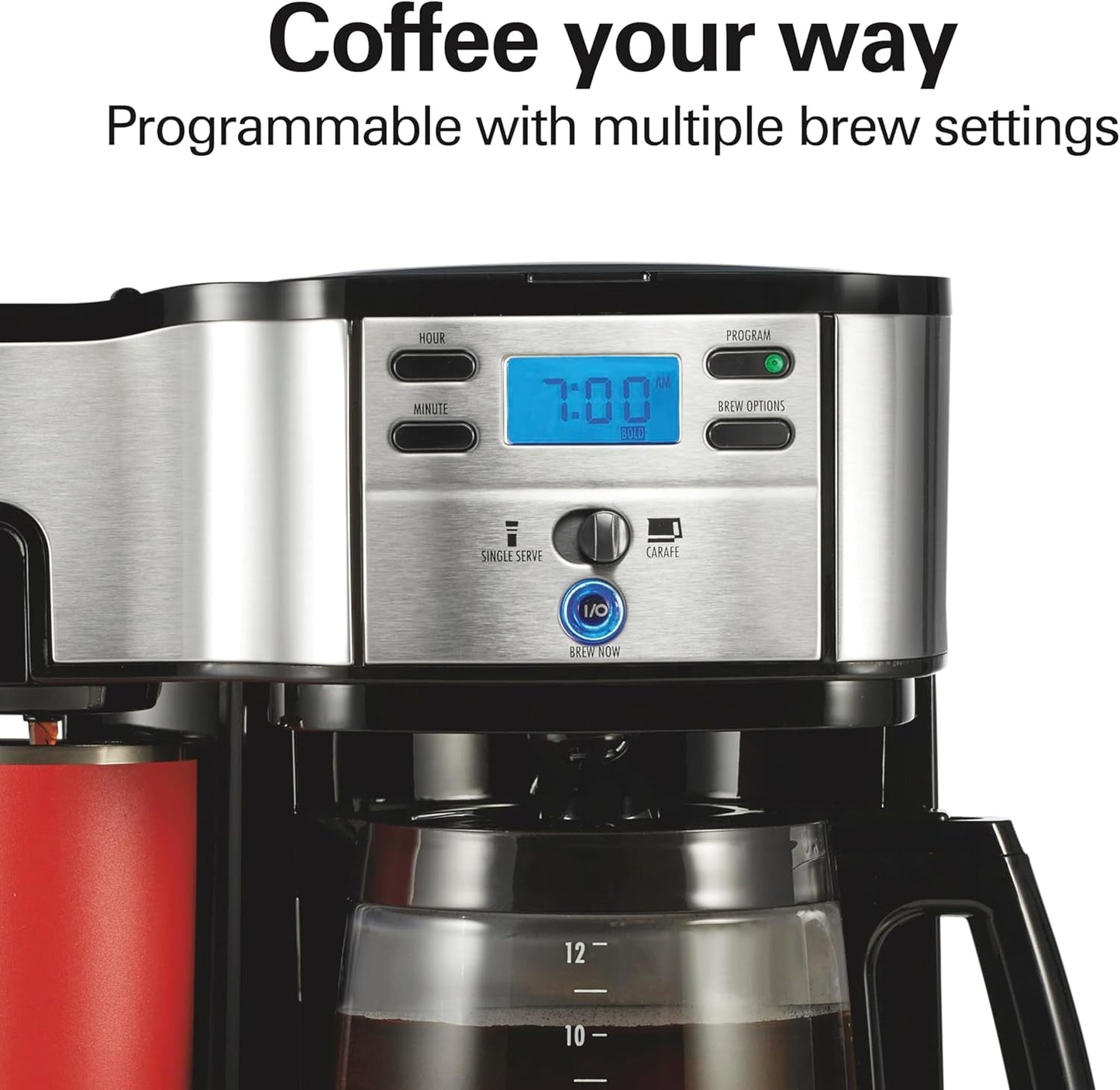 2-Way Programmable Coffee Maker, 12 Cup Glass Carafe and Single Serve Coffee Maker, Black with Stainless Steel Accents, 49980RG