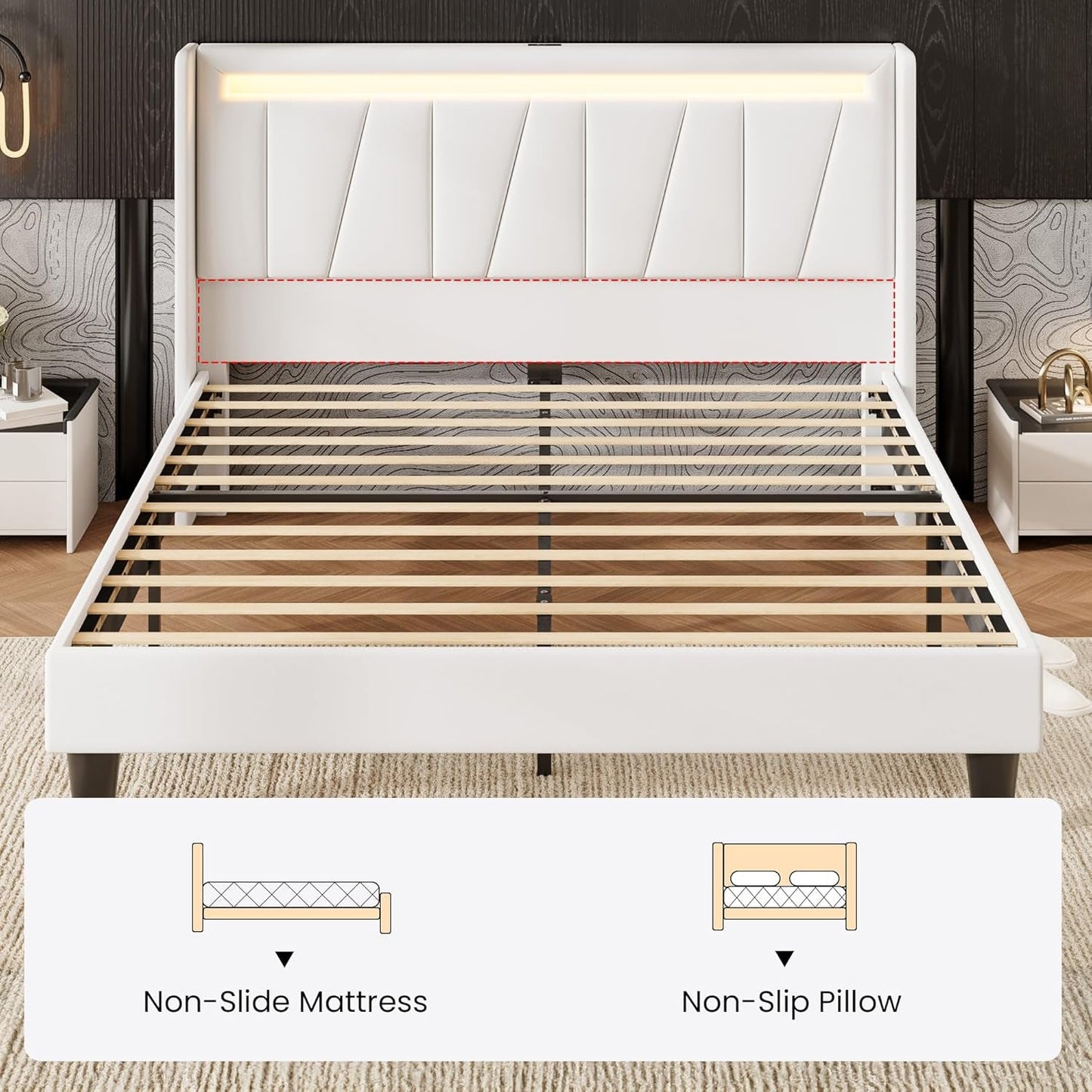 Full Size Bed Frame with Charging Station and LED Lights, Modern Velvet Platform Bed with Upholstered Geometric Wingback Headboard, No Box Spring Needed, Easy Assembly, White