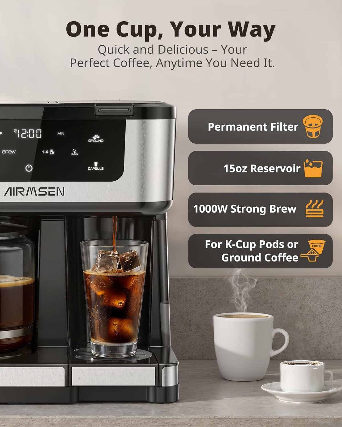 12-Cup Programmable Dual Coffee Maker – Single Serve Machine for K-Cup Pods & Ground, 1000W Fast Brew, Delay Start, 2H Keep Warm, Touchscreen, 60Oz Tank, Glass Carafe – Home & Office