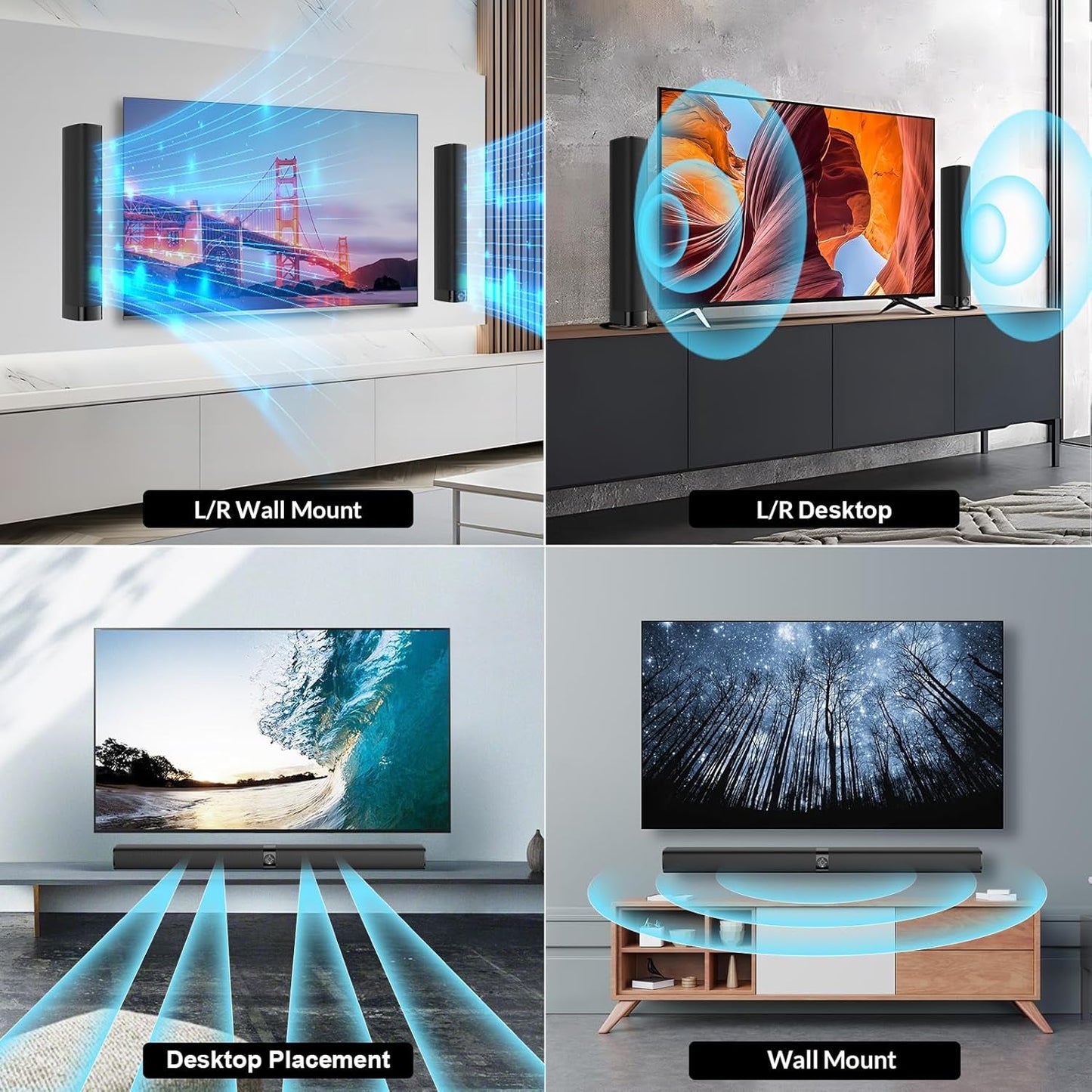 Sound Bar for Smart TV, 80W Soundbar with Bluetooth/Arc/Opt/Aux Connect, Dynamic Volume Boost, 3 Equalizer Modes, 2 in 1 Detachable Soundbar for Tv/Pc/Gaming/Projectors