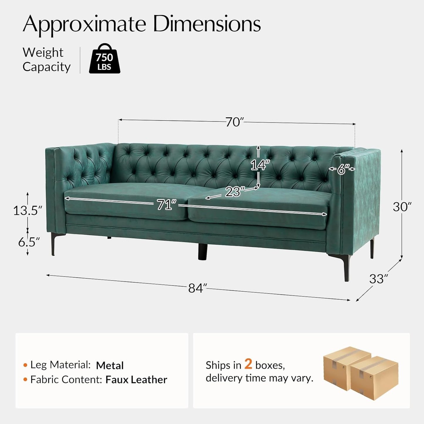 84" W Faux Leather Sofa Couch with Metal Legs, Button-Tufted 3-Seater Sofa, Mid Century Modern Contemporary Upholstered Couch for Living Room, Entertainment Area, Apartment,Green