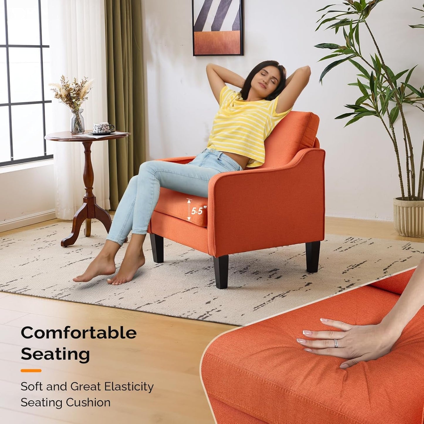 Burnt Orange Mid Century Modern Accent Chair for Living Room & Bedroom, Scooped Arm, Upholstered Comfy Chair for Apartment, Waiting Room