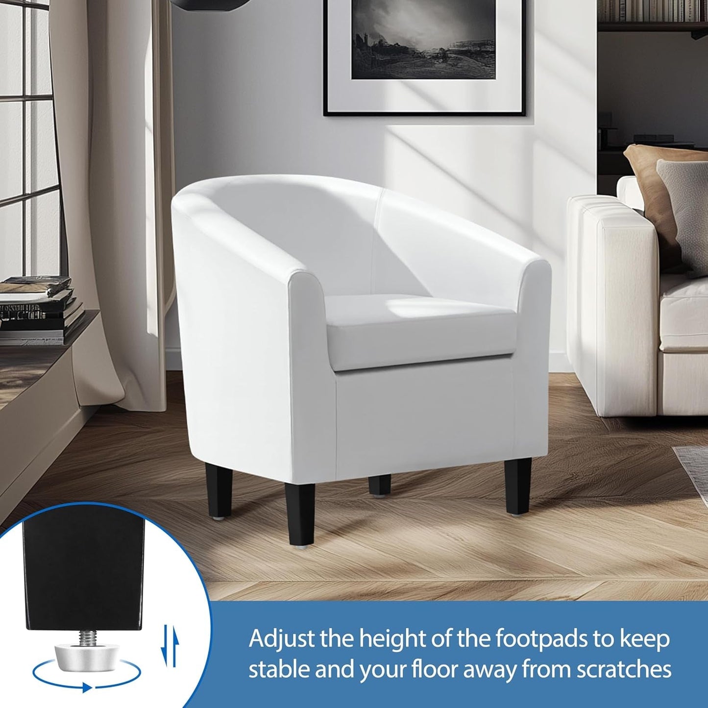 White Leather Chair, Faux Leather Accent Chair, Modern Barrel Chair Comfy Club Chair with Soft Padded and Solid Legs for Living Room Bedroom Reception Room, White