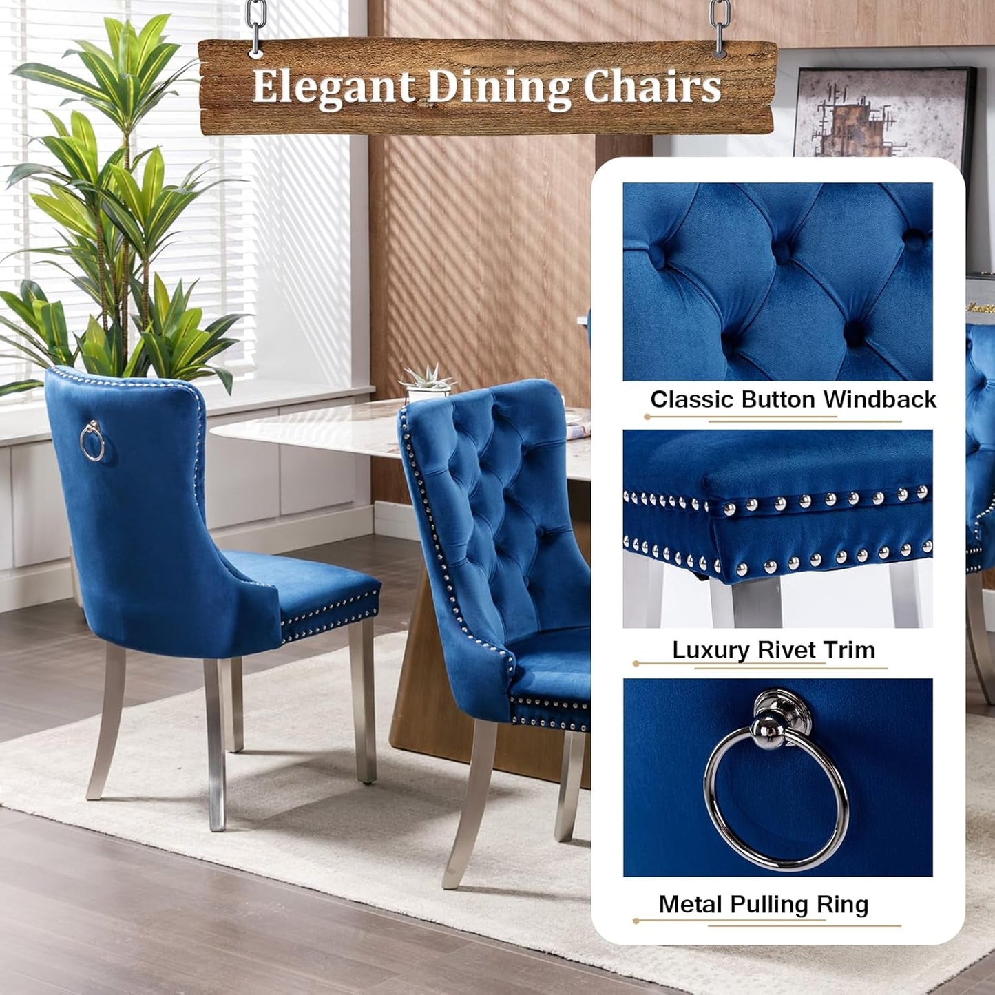 Extendable Dining Room Table Set for 8, 9-Piece Rectangle Kitchen Dining Room Table Set with Wood Base and 8 Blue Velvet Dining Chairs, Extending Kitchen & Dining Table Set