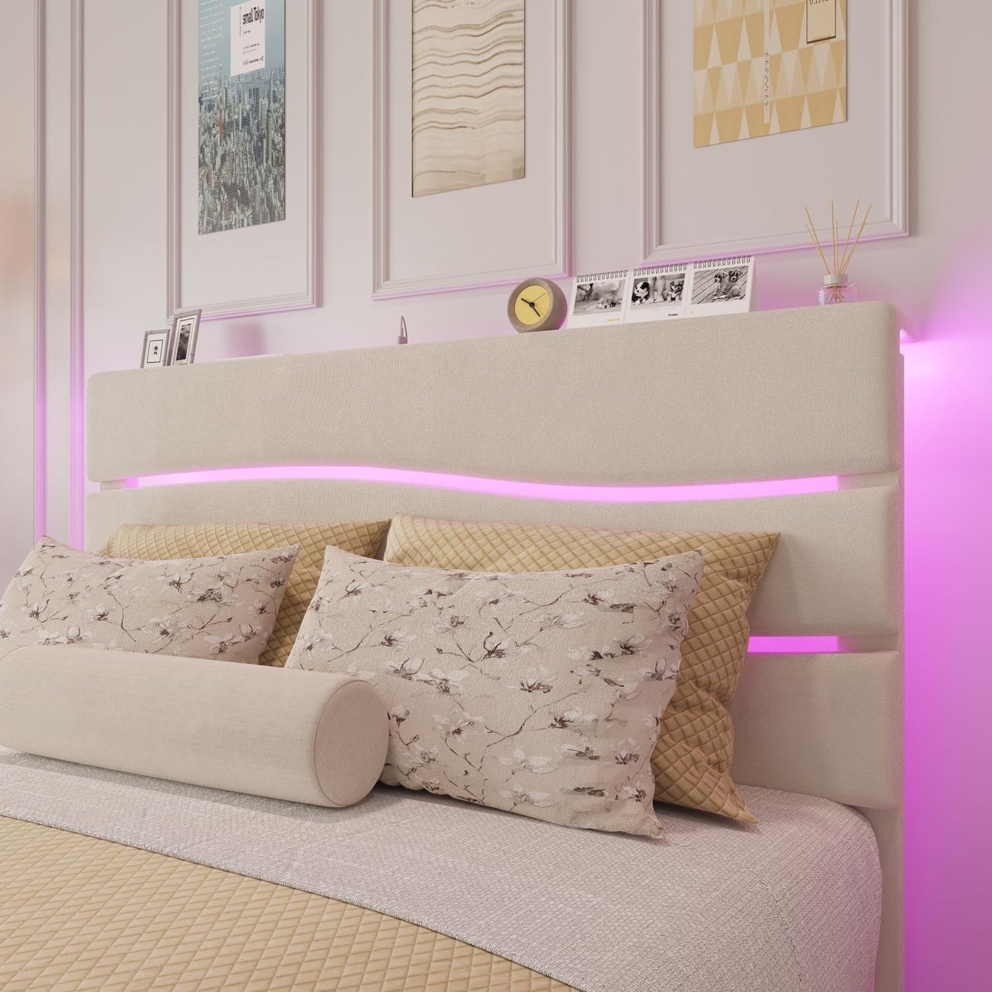 Queen Bed Frame with Fabric Upholstered Headboard and Wooden Slats Support, Queen Size Platform Bed Frame Built in Charging Station & LED, No Box Spring Needed, Easy Assembly, Beige