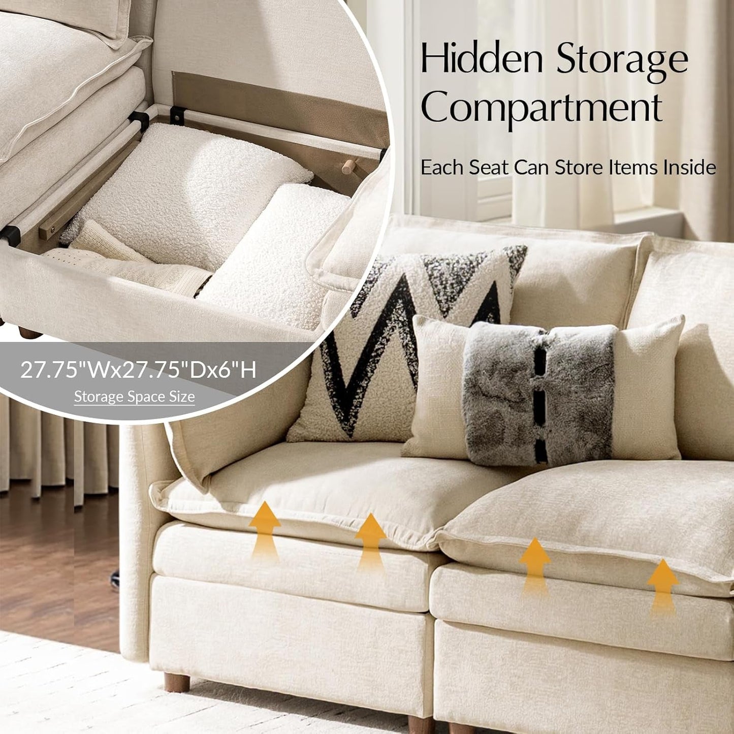 128'' Oversized Modular Sectional Sofa with Dual-Layered Cushions, U Shaped 6 Seater Couch with Storage Ottoman and Removable Cover, Modern Deep Seat Cloud Couch for Living Room, Beige